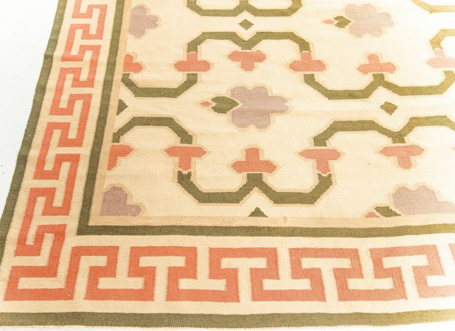 Mid-20th Century Indian Dhurrie Cream, Pink, Olive, Lilac Handwoven Cotton Rug BB5815