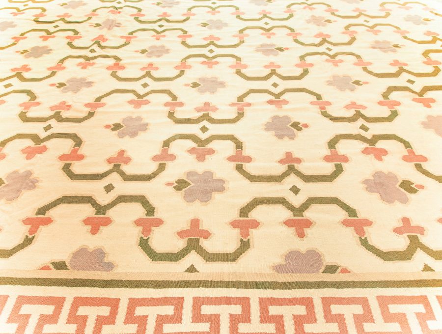 Mid-20th Century Indian Dhurrie Cream, Pink, Olive, Lilac Handwoven Cotton Rug BB5815