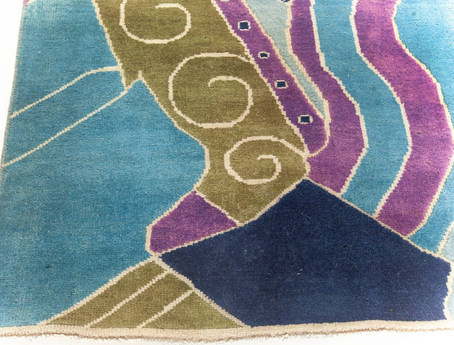 Vintage French Art Deco Purple, Olive and Bright Blue Handwoven Wool Rug BB6143