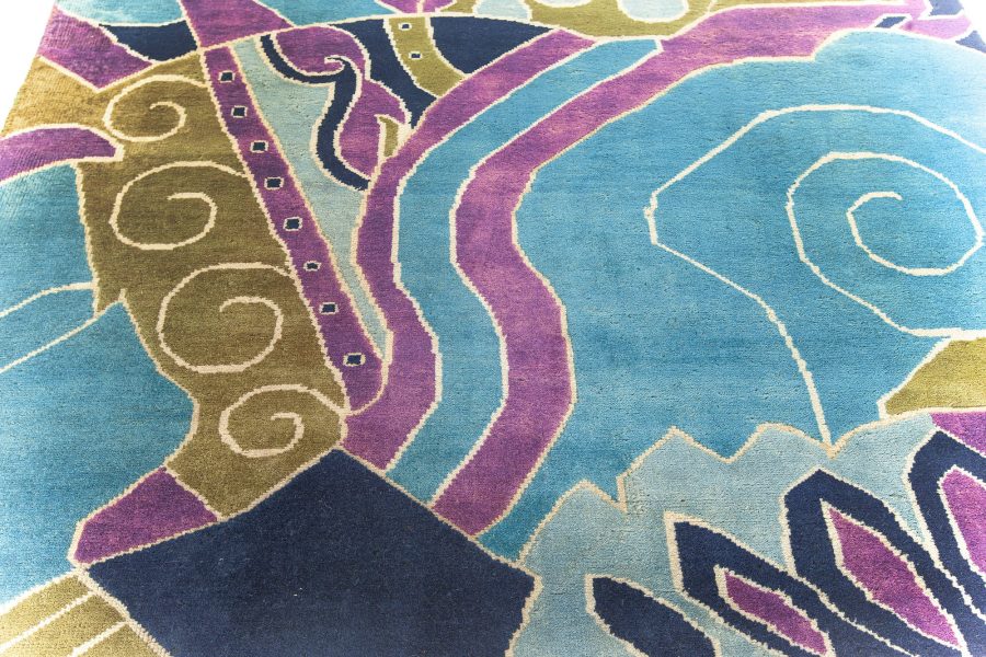 Vintage French Art Deco Purple, Olive and Bright Blue Handwoven Wool Rug BB6143