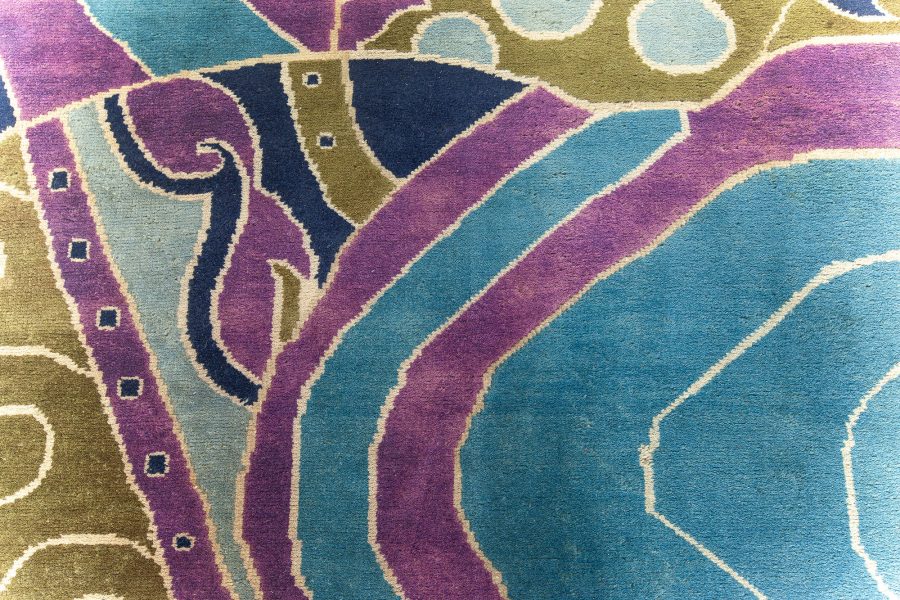 Vintage French Art Deco Purple, Olive and Bright Blue Handwoven Wool Rug BB6143