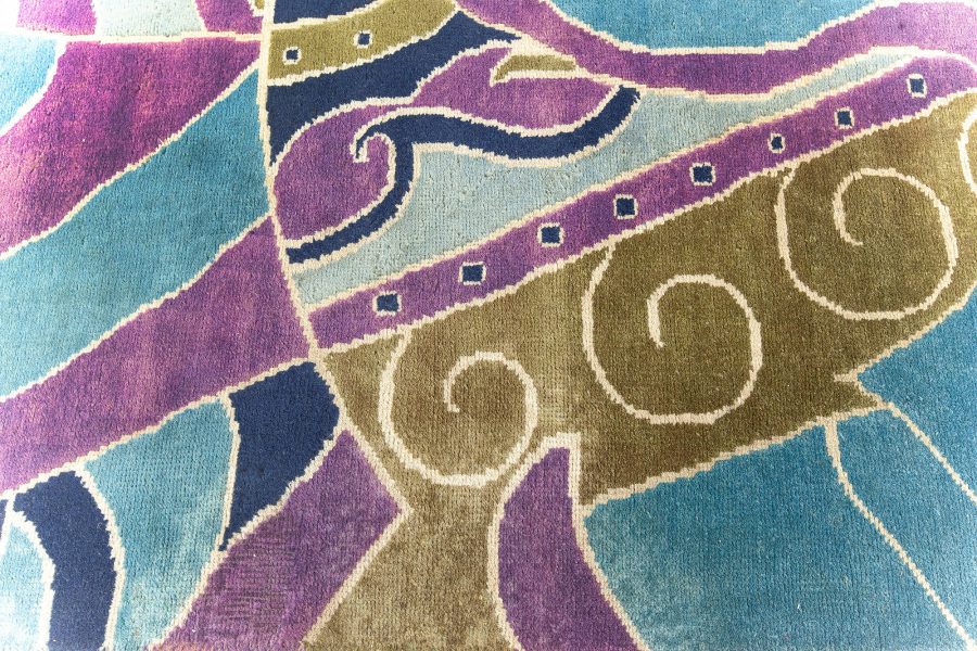 Vintage French Art Deco Purple, Olive and Bright Blue Handwoven Wool Rug BB6143