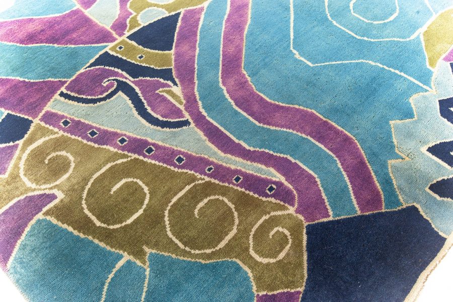 Vintage French Art Deco Purple, Olive and Bright Blue Handwoven Wool Rug BB6143