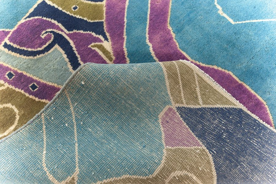 Vintage French Art Deco Purple, Olive and Bright Blue Handwoven Wool Rug BB6143