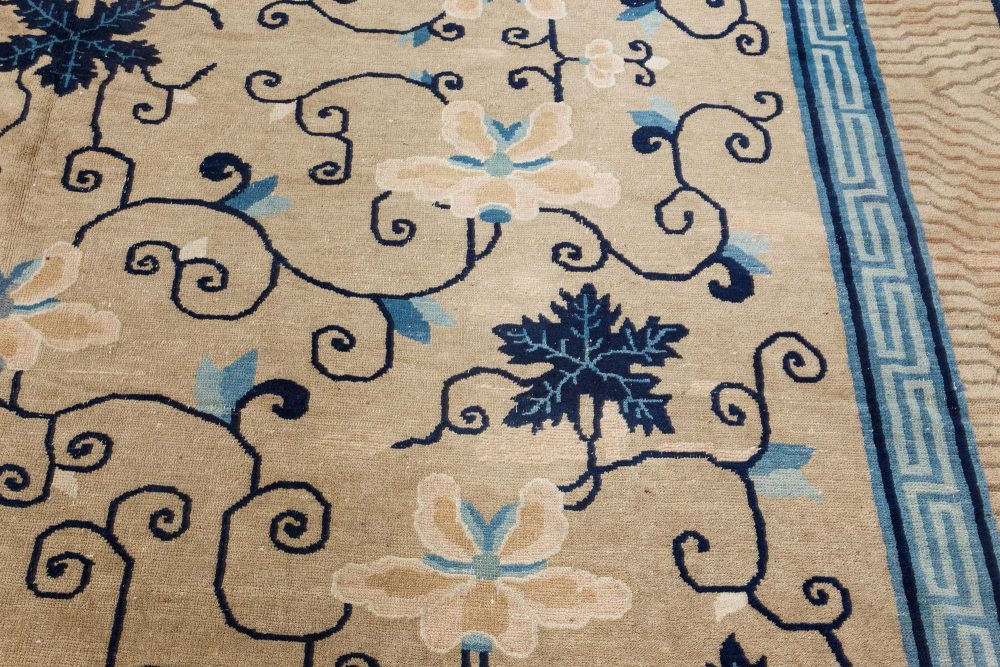 Early 20th Century Chinese Bold, Botanic, Beige, Blue Handmade Wool Carpet BB7087