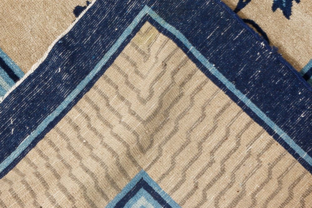 Early 20th Century Chinese Bold, Botanic, Beige, Blue Handmade Wool Carpet BB7087