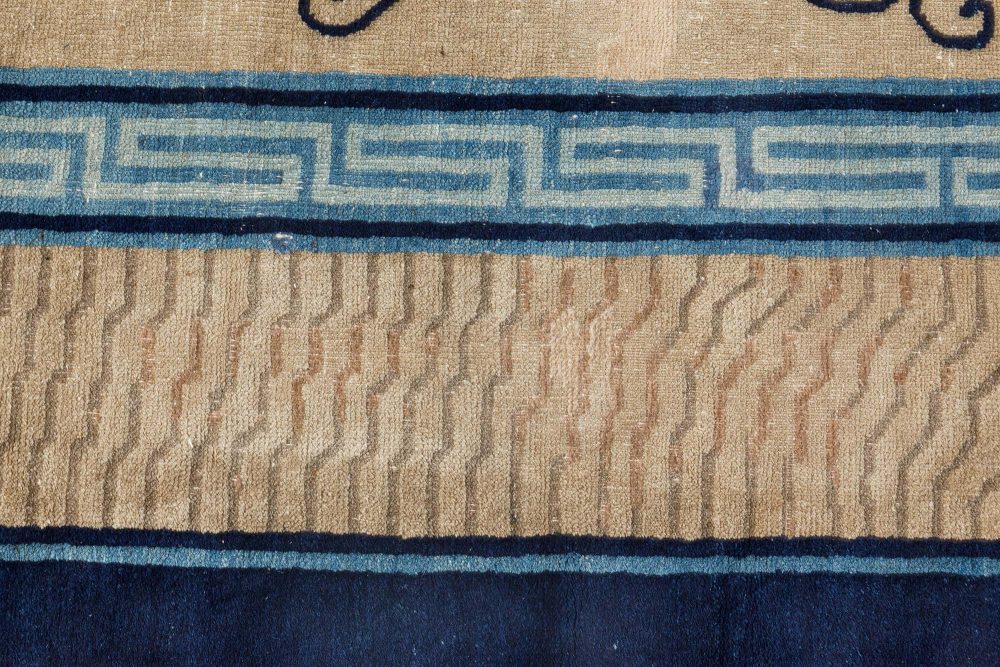 Early 20th Century Chinese Bold, Botanic, Beige, Blue Handmade Wool Carpet BB7087