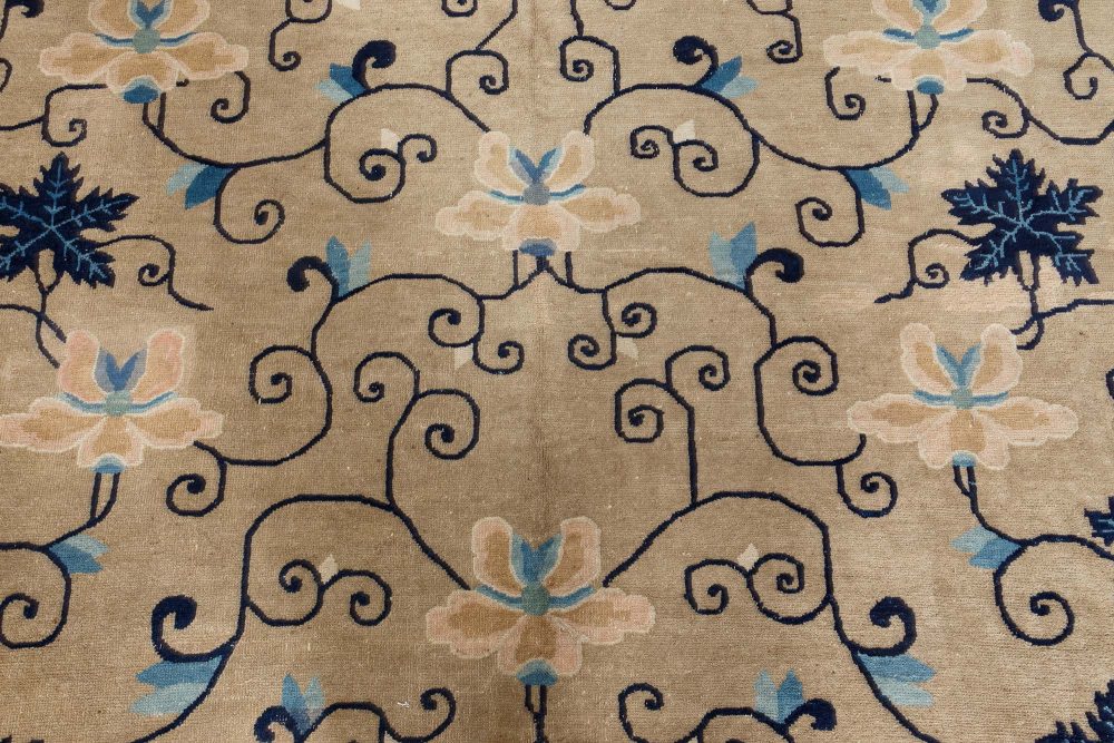 Early 20th Century Chinese Bold, Botanic, Beige, Blue Handmade Wool Carpet BB7087