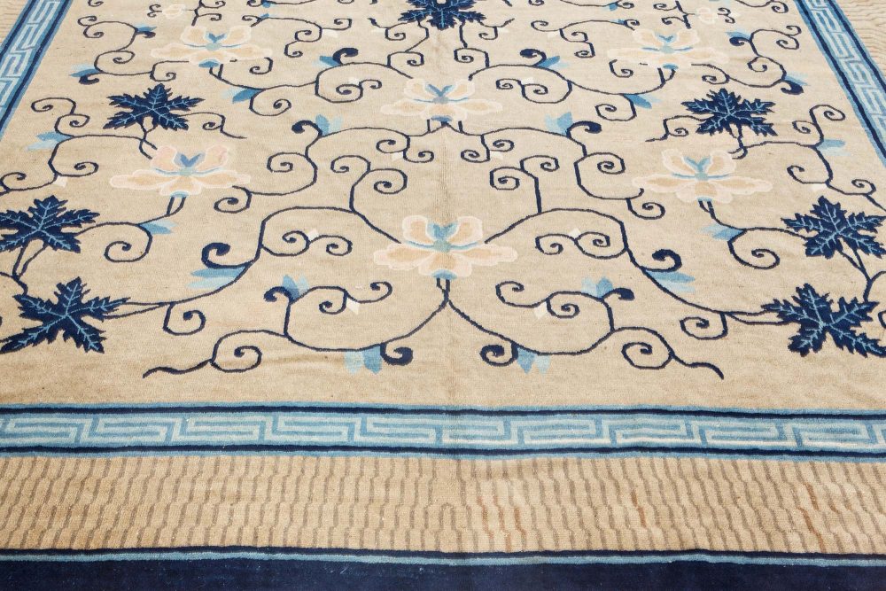 Early 20th Century Chinese Bold, Botanic, Beige, Blue Handmade Wool Carpet BB7087