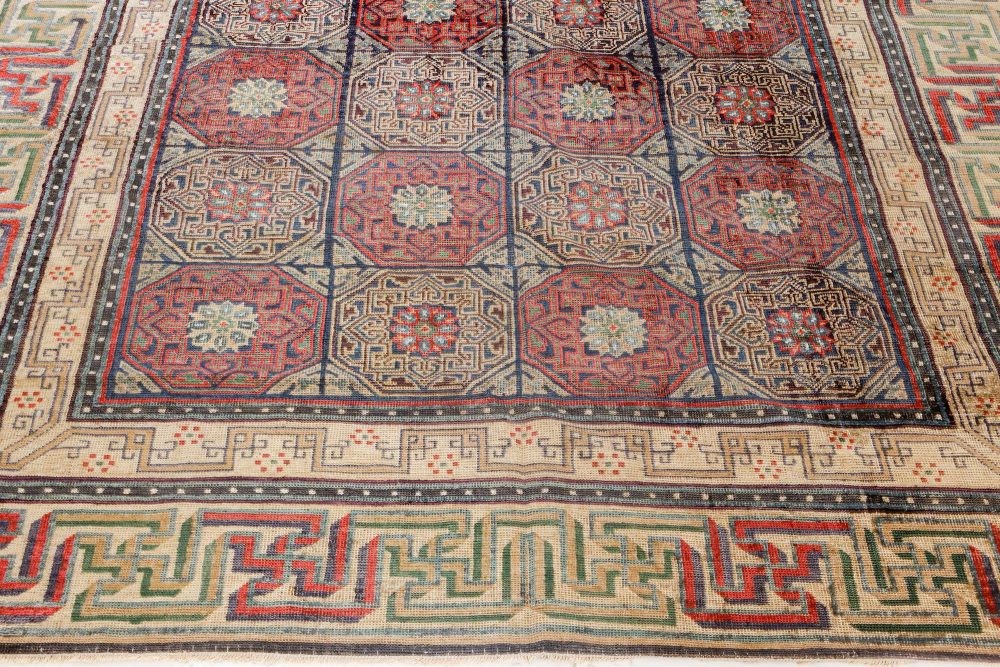 19th Century Bold Chinese Silk Rug in Red, Black, Beige and Brown BB7094