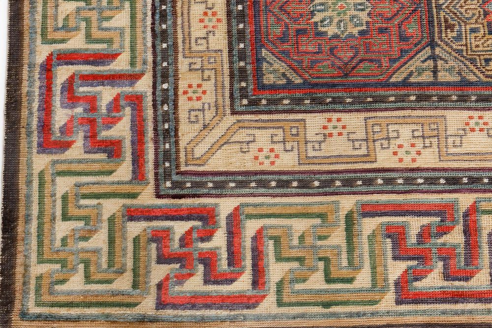 19th Century Bold Chinese Silk Rug in Red, Black, Beige and Brown BB7094
