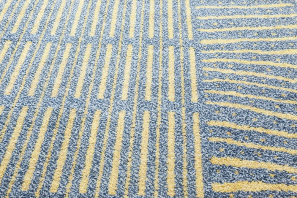 Handmade Vintage Swedish Wool Rug in Blue-Grey and Yellow BB7102