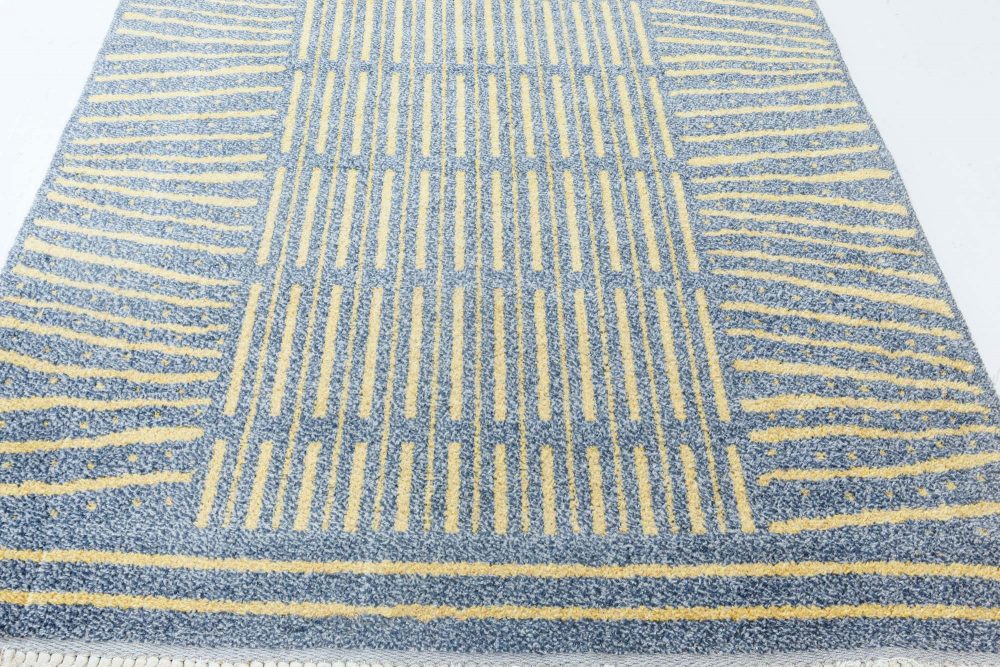 Handmade Vintage Swedish Wool Rug in Blue-Grey and Yellow BB7102