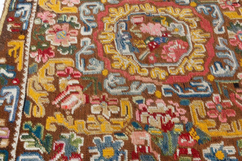 19th Century Geometric Floral Motifs, Brown, Yellow Needlework Carpet BB7106