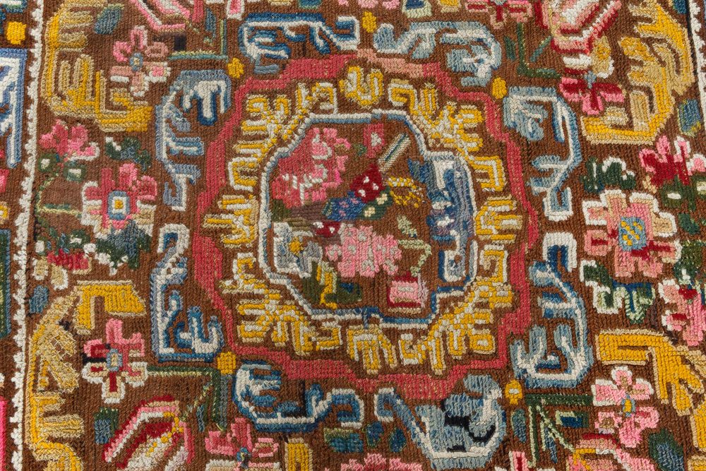 19th Century Geometric Floral Motifs, Brown, Yellow Needlework Carpet BB7106