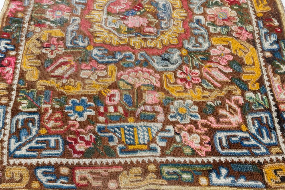 19th Century Geometric Floral Motifs, Brown, Yellow Needlework Carpet BB7106