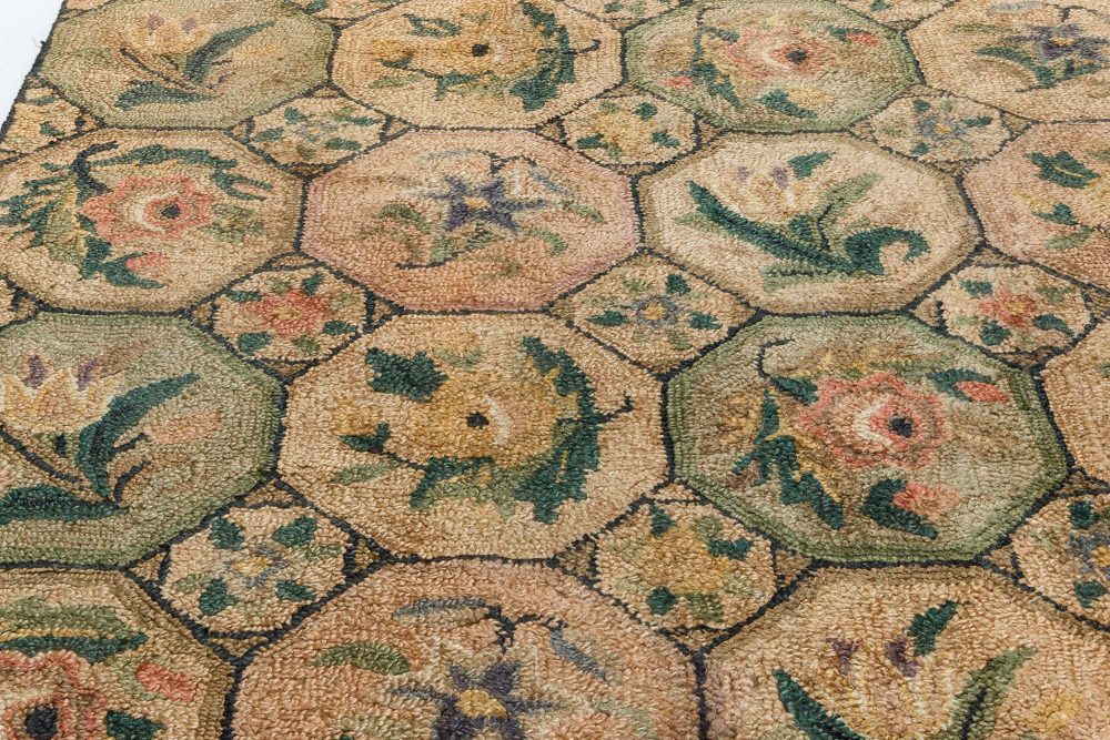 Midcentury Tulip and Roses Handmade Wool American Hooked Rug BB7109