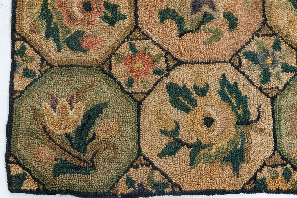 Midcentury Tulip and Roses Handmade Wool American Hooked Rug BB7109