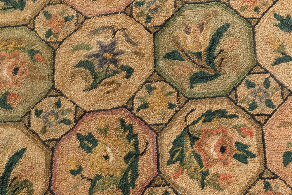 Midcentury Tulip and Roses Handmade Wool American Hooked Rug BB7109