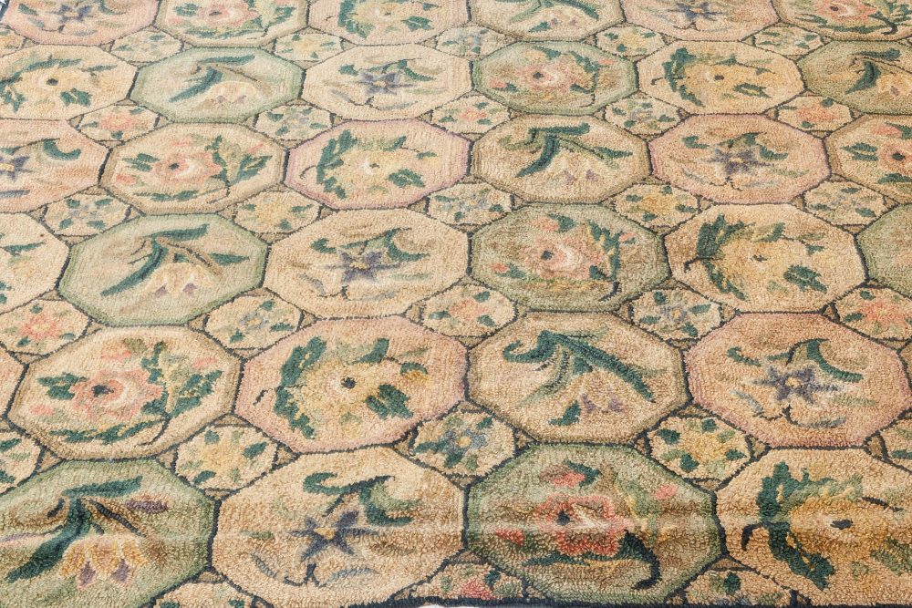 Midcentury Tulip and Roses Handmade Wool American Hooked Rug BB7109