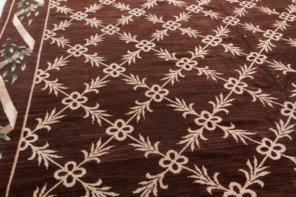 Vintage Spanish Chocolate Brown and Ivory Handwoven Wool Carpet BB7114