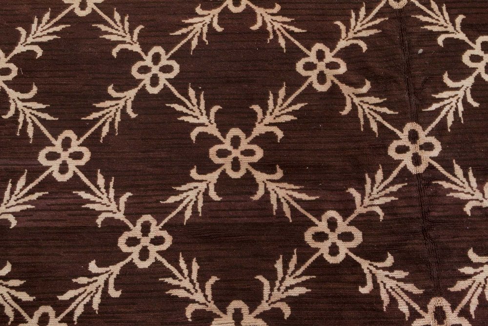 Vintage Spanish Chocolate Brown and Ivory Handwoven Wool Carpet BB7114