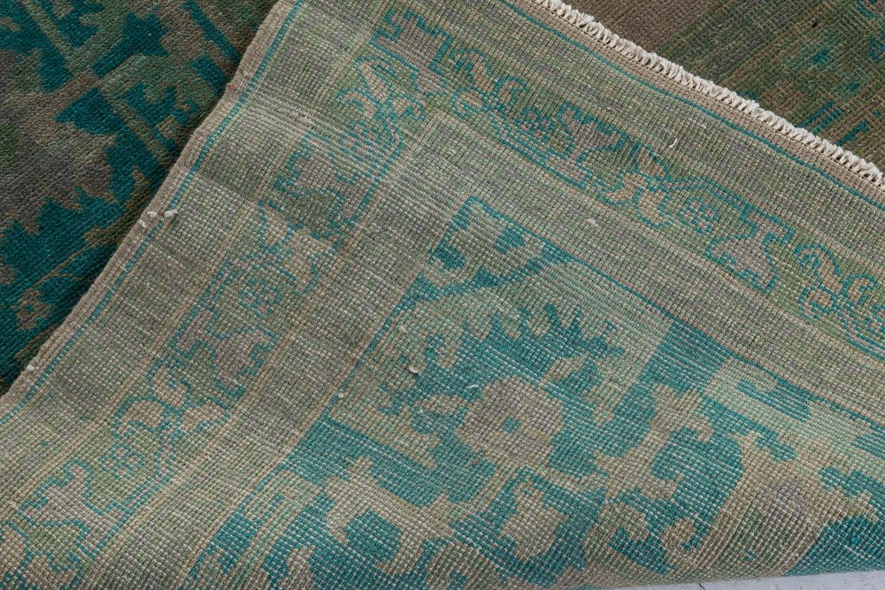 Authentic 1900s Large Antique Turkish Borlou Green Brown Handmade Wool Rug BB7122