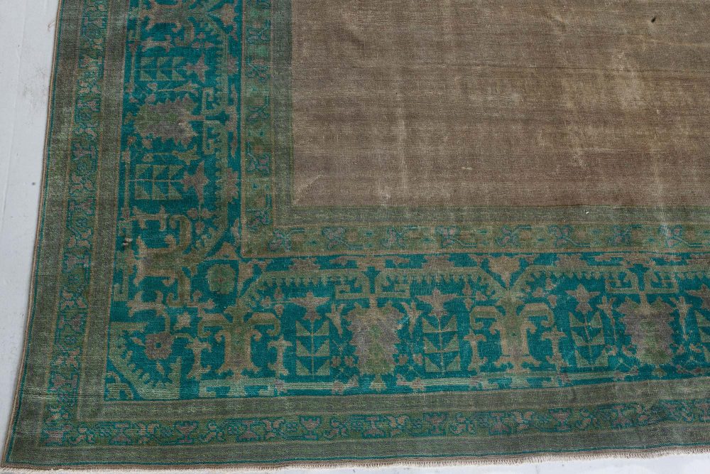 Authentic 1900s Large Antique Turkish Borlou Green Brown Handmade Wool Rug BB7122