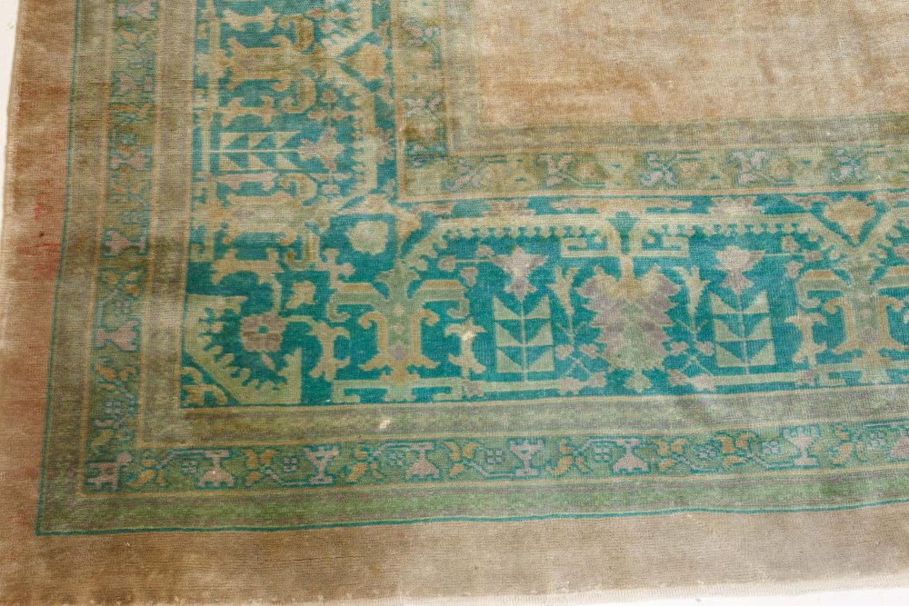 Authentic 1900s Large Antique Turkish Borlou Green Brown Handmade Wool Rug BB7122