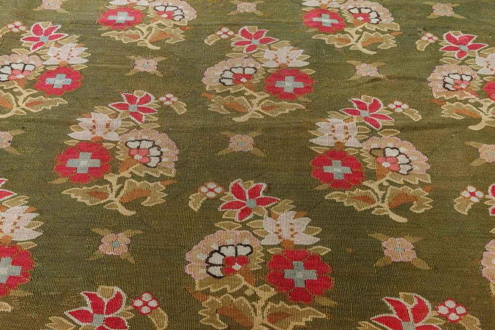 Authentic 19th Century French Aubusson Green, Pink Handmade Rug BB7125