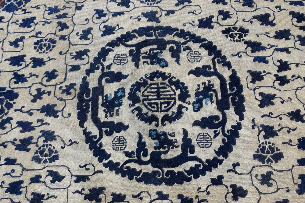 19th Century Chinese Indigo Blue and White Handmade Wool Rug BB7126