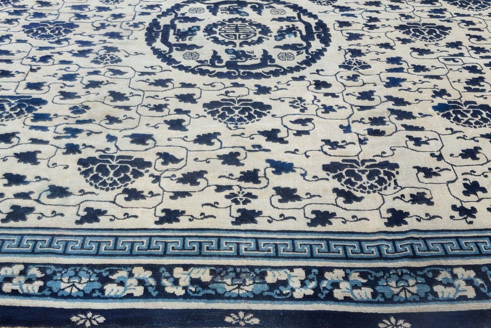 19th Century Chinese Indigo Blue and White Handmade Wool Rug BB7126