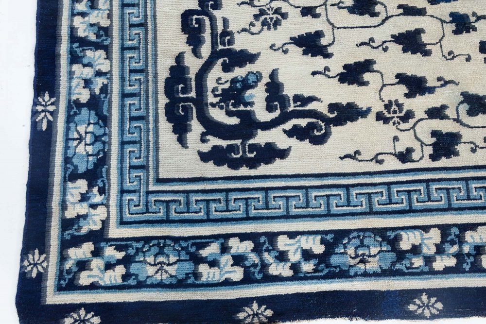 19th Century Chinese Indigo Blue and White Handmade Wool Rug BB7126