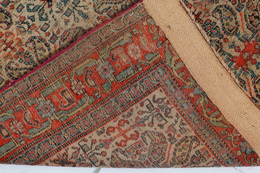 Authentic 19th Century Persian Senneh Botanic Blue Red Beige Handmade Wool Rug BB7154