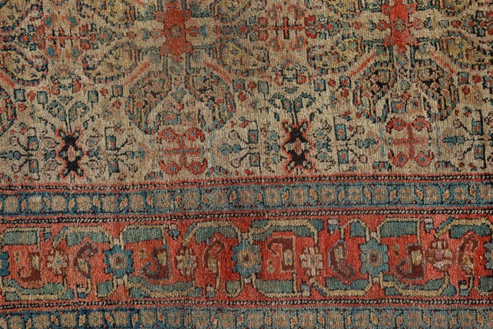 Authentic 19th Century Persian Senneh Botanic Blue Red Beige Handmade Wool Rug BB7154