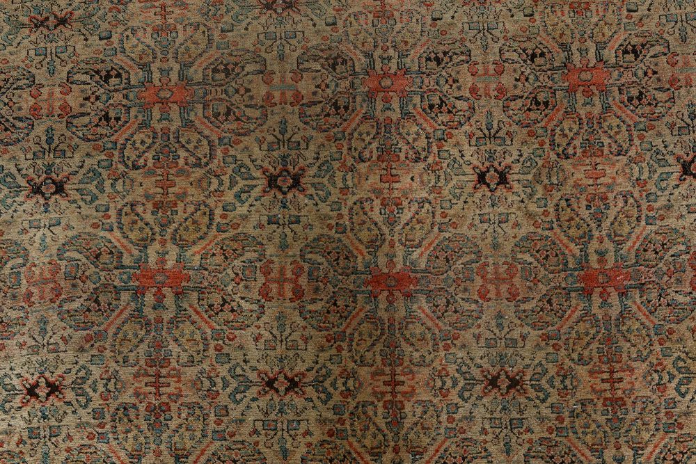 Authentic 19th Century Persian Senneh Botanic Blue Red Beige Handmade Wool Rug BB7154