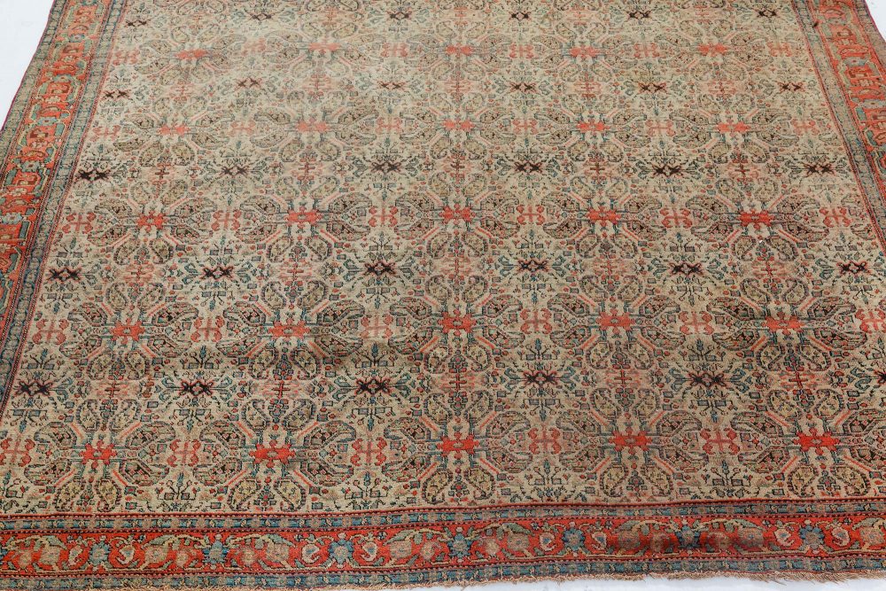 Authentic 19th Century Persian Senneh Botanic Blue Red Beige Handmade Wool Rug BB7154