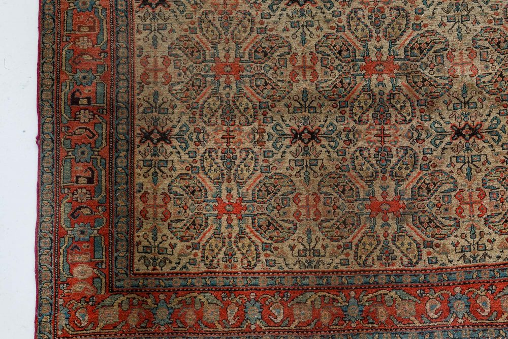 Authentic 19th Century Persian Senneh Botanic Blue Red Beige Handmade Wool Rug BB7154