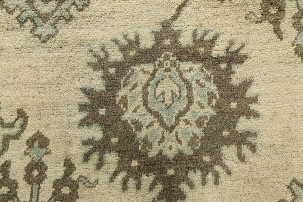 Turkish Oushak Beige, Dark and Light Moss Green Handwoven Wool Rug BB7167