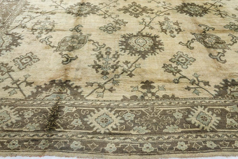 Turkish Oushak Beige, Dark and Light Moss Green Handwoven Wool Rug BB7167