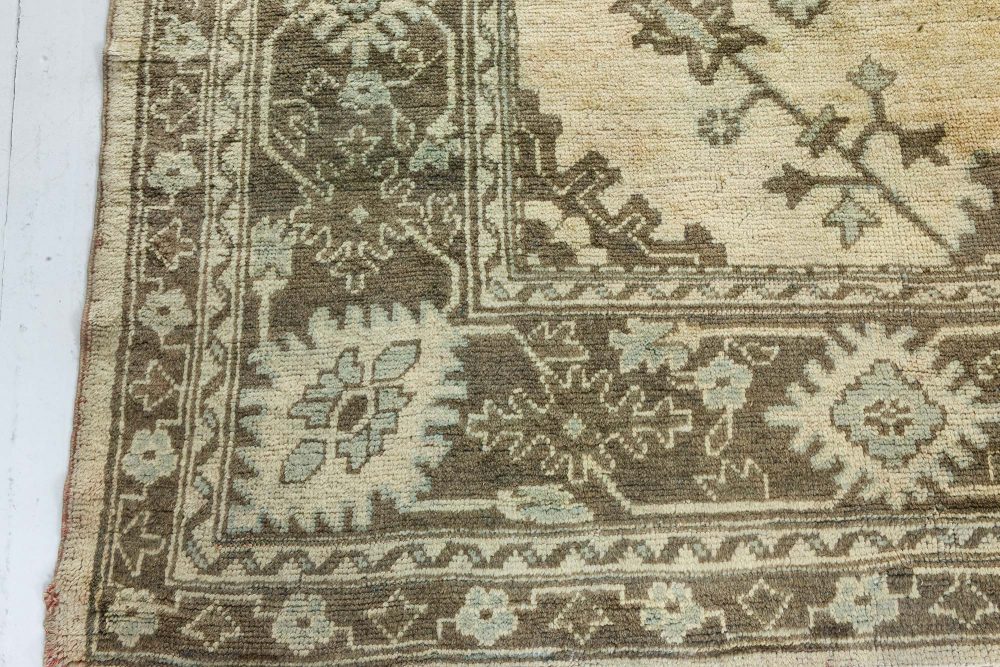 Turkish Oushak Beige, Dark and Light Moss Green Handwoven Wool Rug BB7167