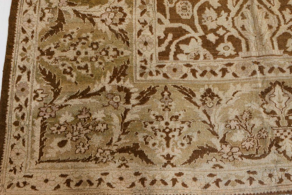 19th Century Indian Amritsar Botanic Brown Handwoven Wool Rug BB7201