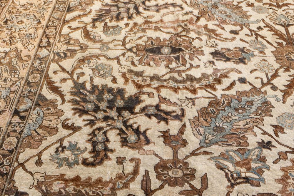 Authentic 1900s Tabriz Ivory, Blue and Brown Handmade Wool Rug BB7207