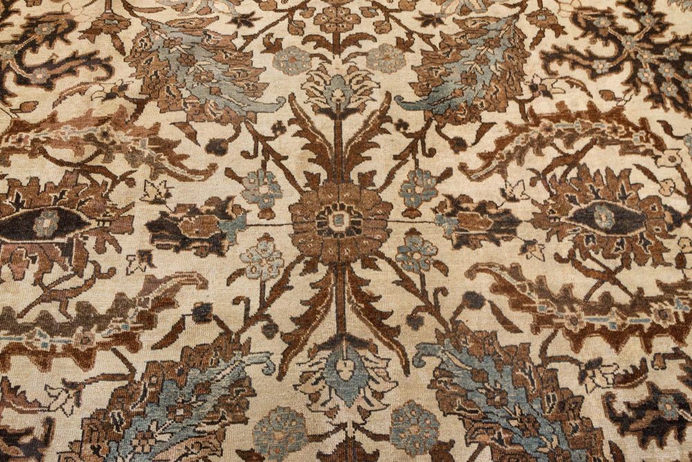 Authentic 1900s Tabriz Ivory, Blue and Brown Handmade Wool Rug BB7207