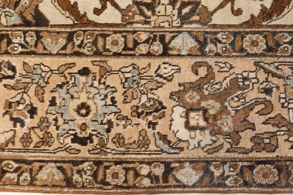 Authentic 1900s Tabriz Ivory, Blue and Brown Handmade Wool Rug BB7207