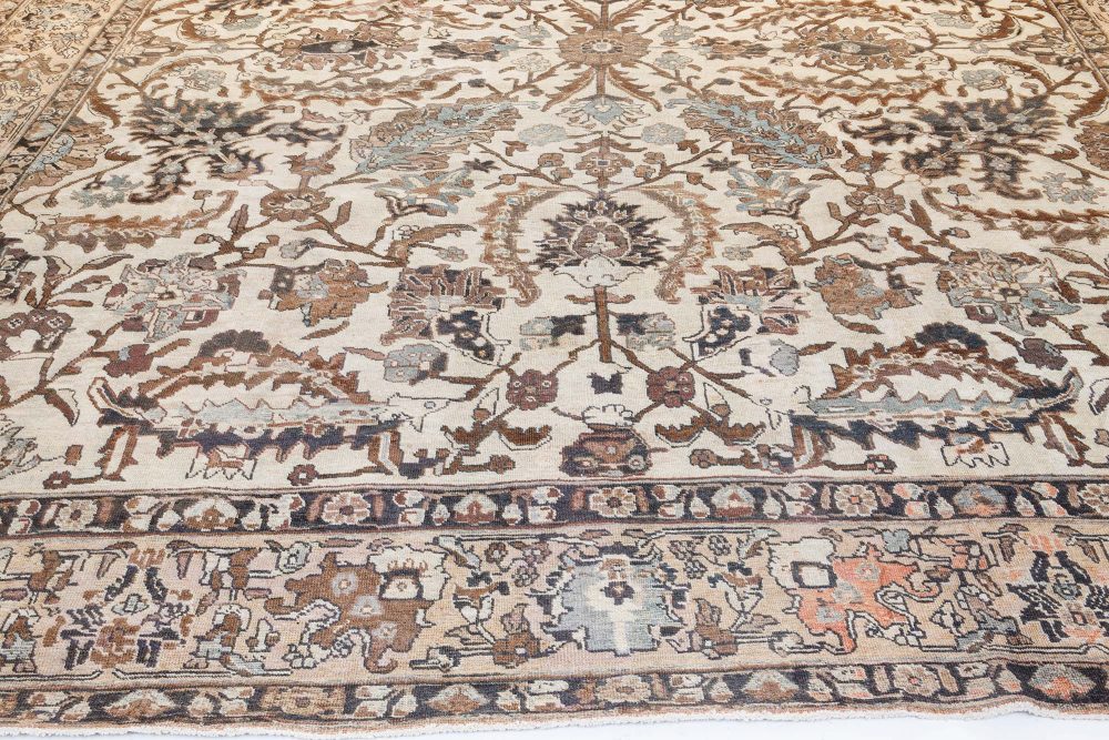 Authentic 1900s Tabriz Ivory, Blue and Brown Handmade Wool Rug BB7207