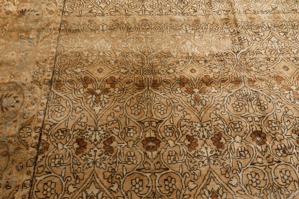 Antique Beige, Brown, Botanic, Persian Kirman Hand-Knotted Wool Rug BB7217