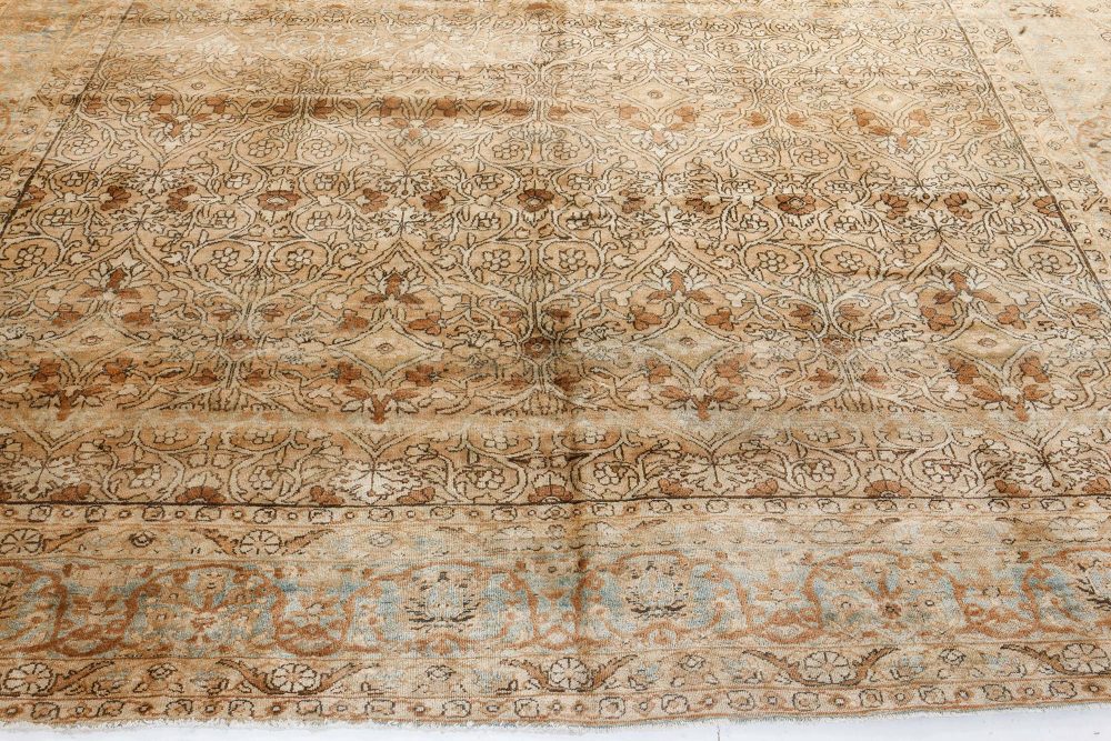 Antique Beige, Brown, Botanic, Persian Kirman Hand-Knotted Wool Rug BB7217