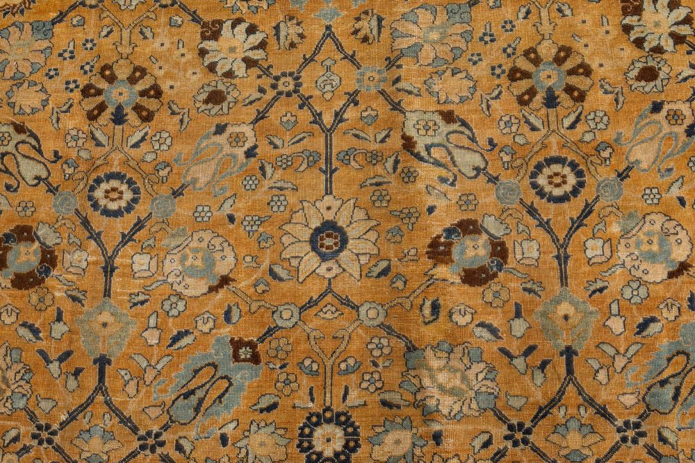 Authentic 1900s Persian Tabriz Blue, Yellow Handmade Wool Rug BB7254