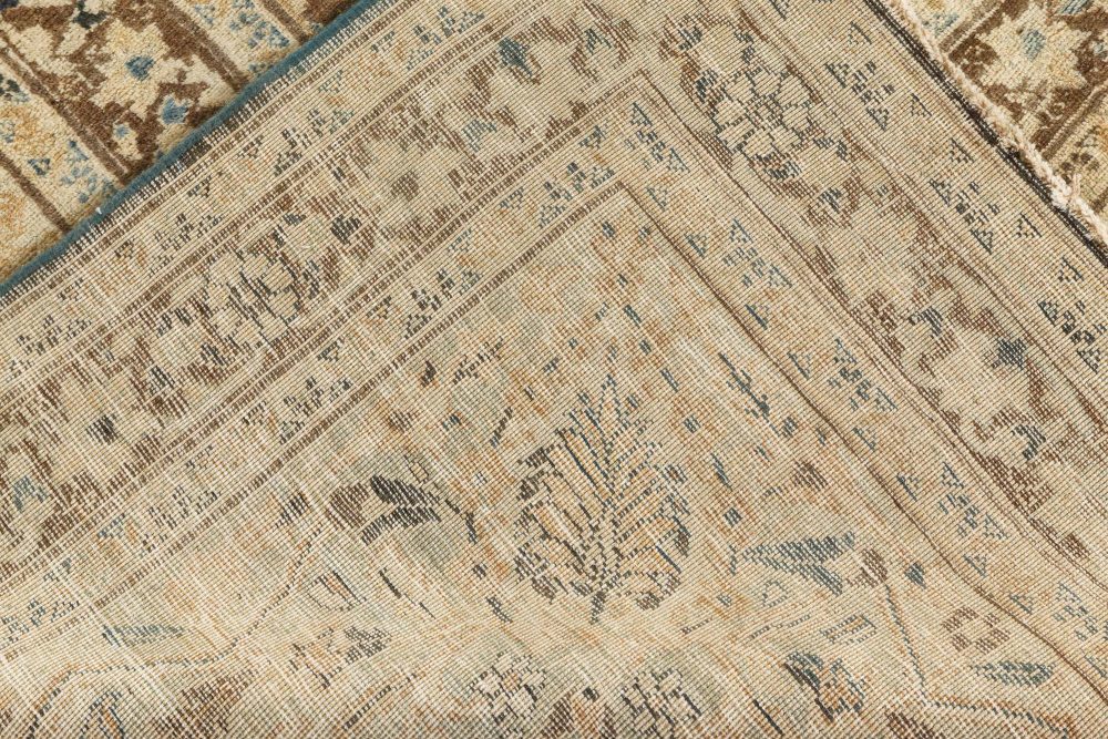 Antique Persian Meshad Botanic, Blue, Brown Hand Knotted Wool Rug BB7261